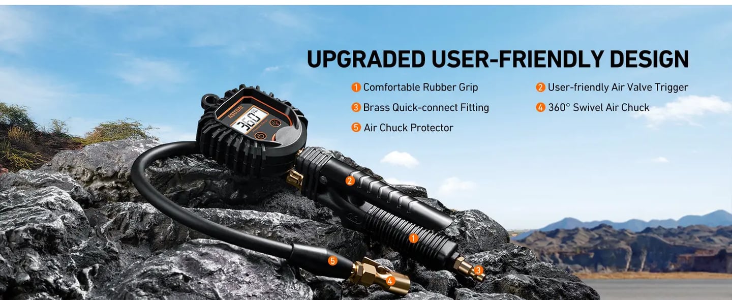 AstroAI Digital Tire Pressure Gauge with Inflator, 250 PSI Air Chuck and Compressor Accessories