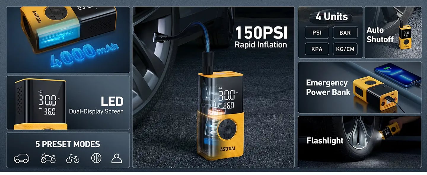 AstroAI L7S Cordless Tyre Inflator Portable Air Compressor, Eletric Bike Pump with Digital Dual Values Display