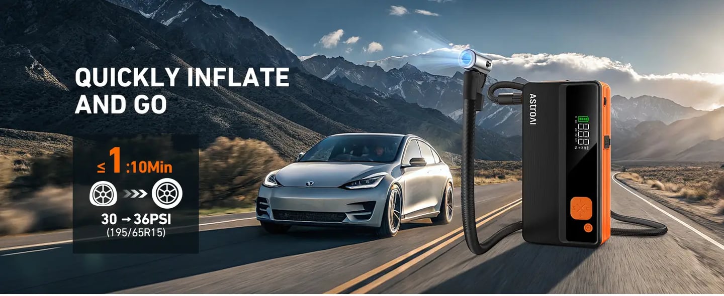 AstroAI M12-F Portable Jump Starter with Air Compressor, 5000A Car Battery Booster Pack & 150PSI Car Battery Jump Starter (All Gas & 10.0 L Diesel) with tire inflator, Intuitive LED Screen