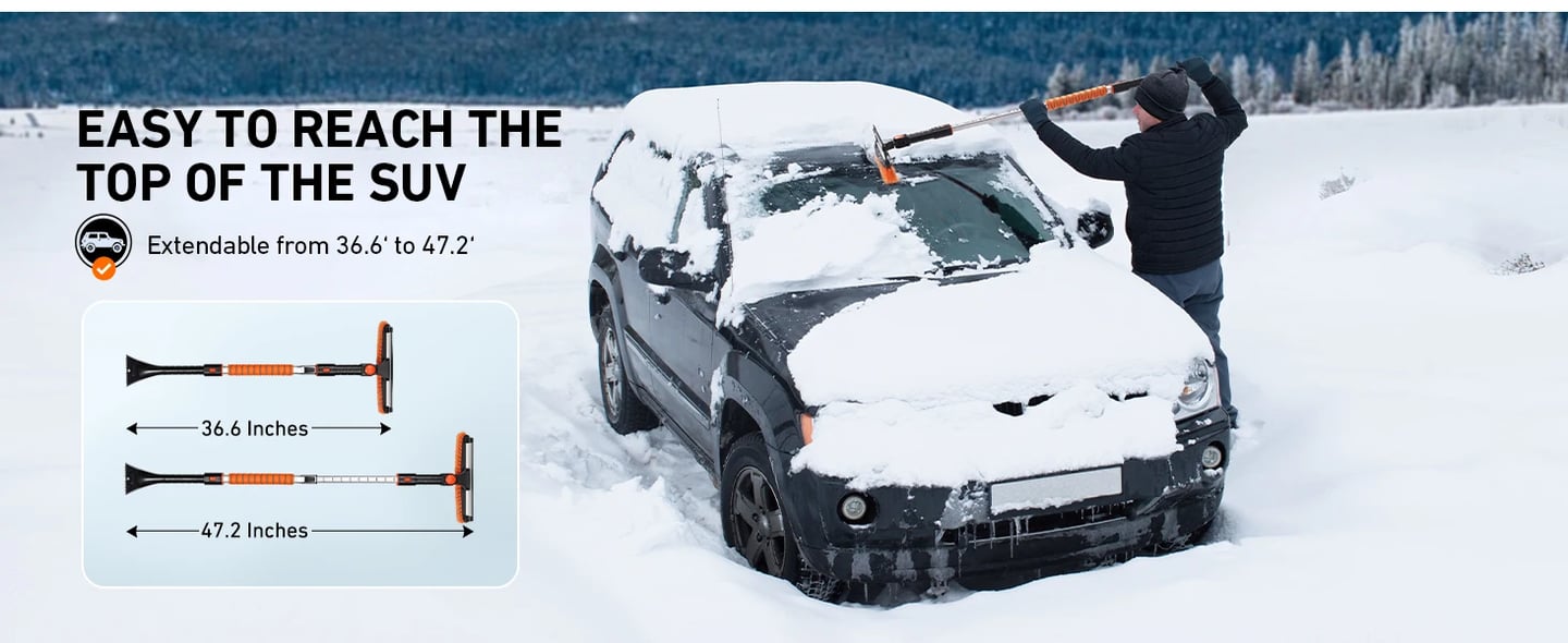 AstroAI 47.2 Inch Ice Scraper Extendable Car Snow Brush,Orange with 270 degree Pivoting Brush Head