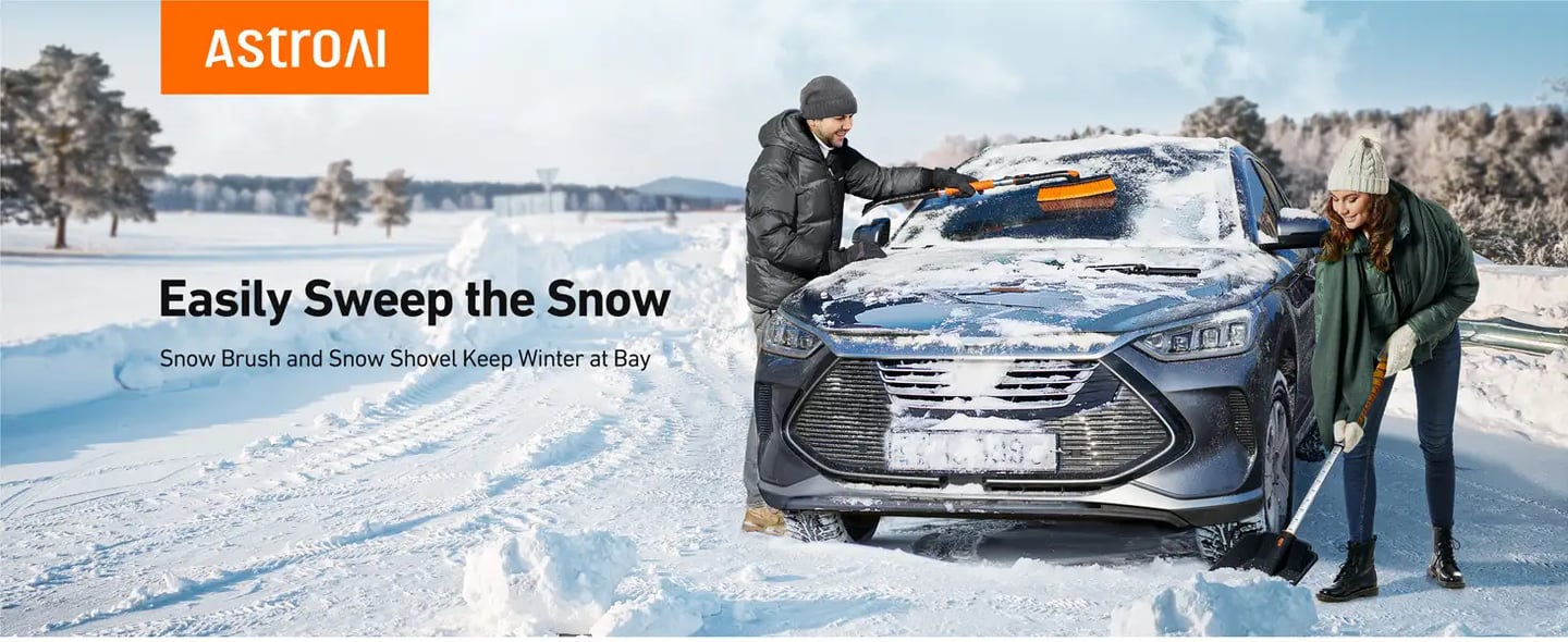 AstroAI 2" 1 Ice Scraper & Snow Shovel Kit, 47.2" Ice Scrapers for Car Windshield and 360° Pivoting Snow Brush, Extendable Snow Shovel with Foam Grip, Orange