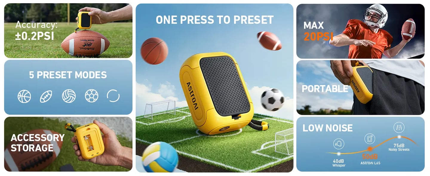 AstroAI Portable Electric Ball Pump - Ultra Fast Inflation, with Digital LCD Display, Preset Pressure with Ball Needle for Basketball, Soccer, and Sports Balls Yellow