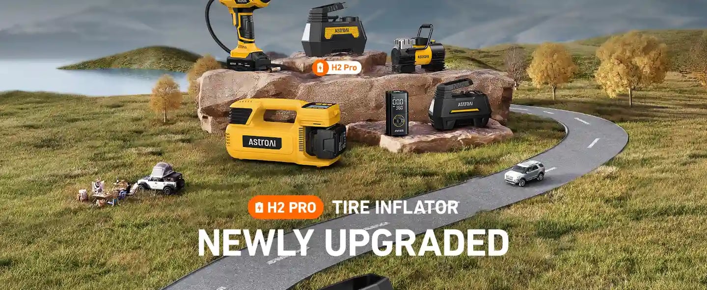 AstroAI H2 Pro Tire Inflator Portable Air Compressor Fully Upgraded Air Pump with DC 12V/Battery Dual Power Supplies Digital Pressure Gauge Fast Inflation Pump for Cars Motorcycles Bikes Balls Yellow