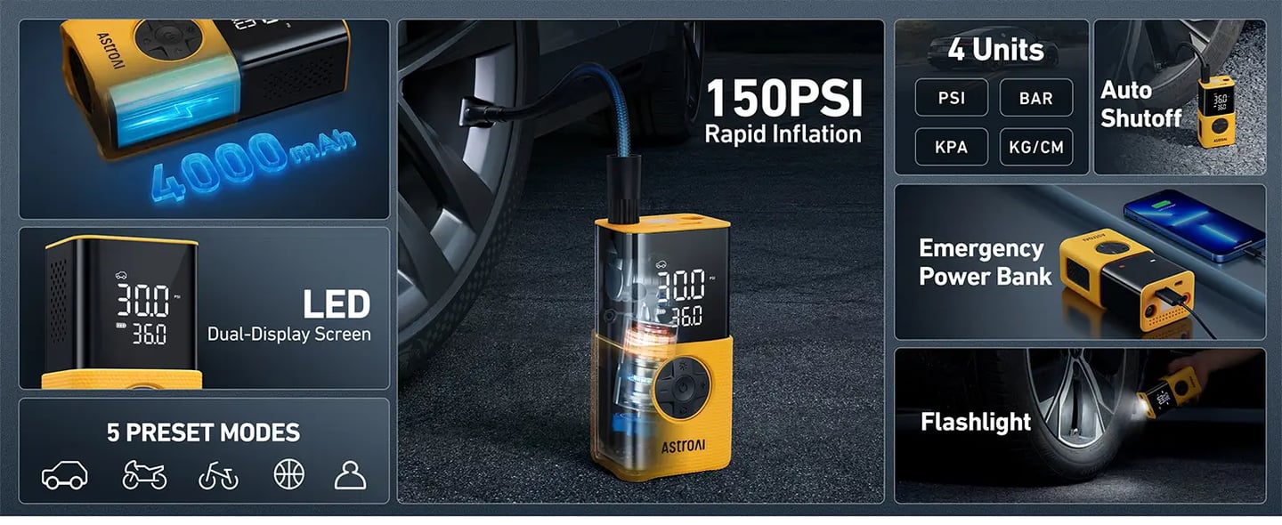 AstroAI Tire Inflator L7S Portable Air Compressor Cordless Bike Pump with Digital Dual Values Display, 150 PSI Car Tires Pump with LED Lights Air Pump, Balls Geen