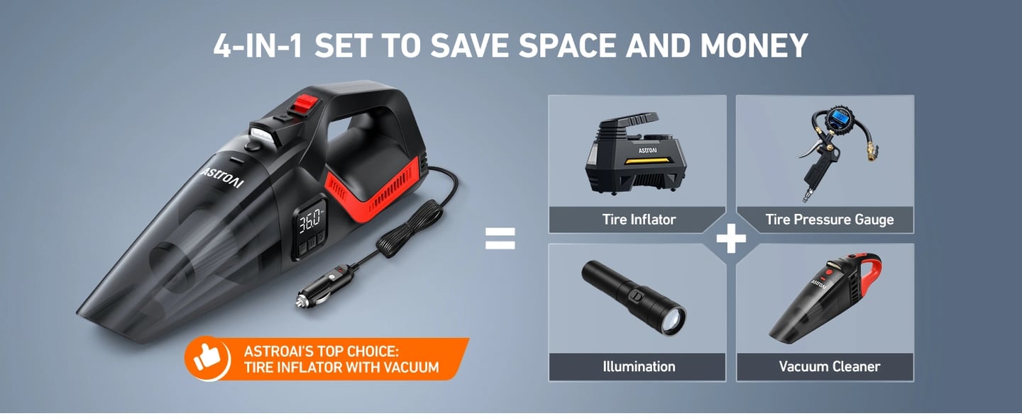 AstroAI 2-in-1 Car Vacuum Cleaner Tire Inflator, Multifunction Handheld Vacuum Air Compressor, Portable 12V DC Vacuum Duster Cleaner with Digital Display, LED Light