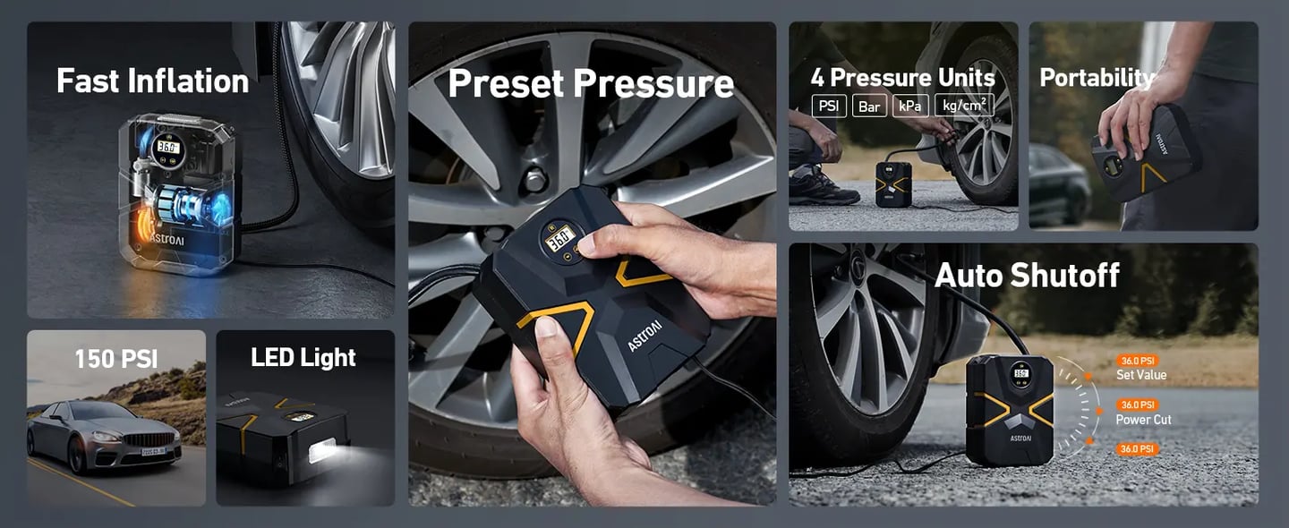 AstroAI S1 Tire Inflator Portable Air Compressor 12V DC 150PSI with Digital Gauge, Auto Shut-Off Preset Pressure Rapid Inflation, Compact Air Pump for Car Tires, Motorcycle Bike Ball Inflatables