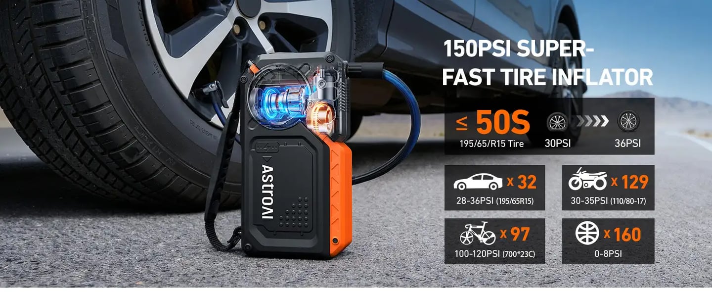 AstroAI 6000A Jump Starter with Tire Inflator, 12V Car Battery Booster with 150PSI Air Compressor, All Gas/12L Diesel Vehicles, LED Digital Display, Orange