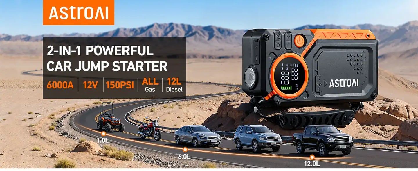 AstroAI 6000A Jump Starter with Tire Inflator, 12V Car Battery Booster with 150PSI Air Compressor, All Gas/12L Diesel Vehicles, LED Digital Display, Orange