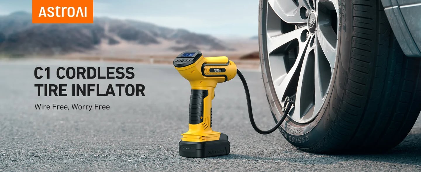 AstroAI Battery Powered Tire Inflator with 20V Rechargeable Battery & 12V Car Power Adapter for Motorcycles, 150PSI, (C1) Light Yellow