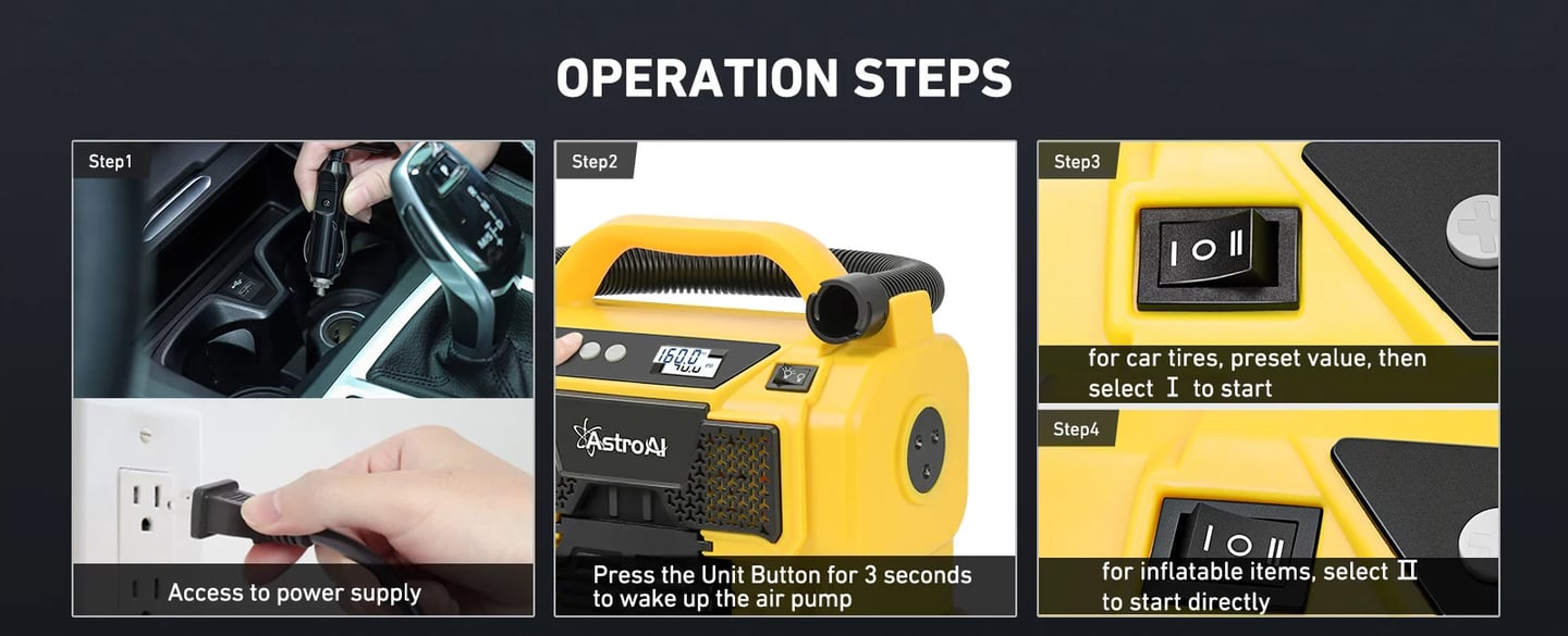 AstroAI 160PSI Cordless/Corded Tire Pump with 3 Power Supply (DC/AC/Battery) Without Battery Yellow