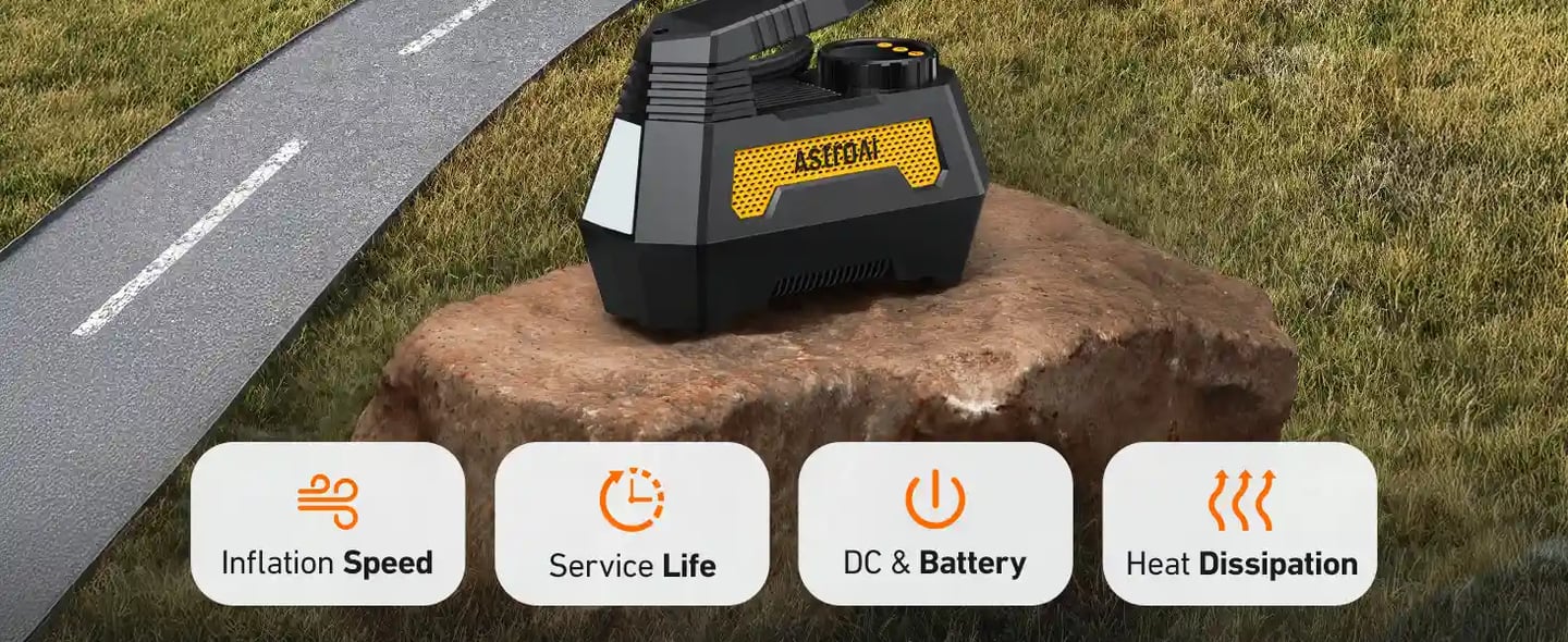 AstroAI H2 Pro Tire Inflator Portable Air Compressor Fully Upgraded Air Pump with DC 12V/Battery Dual Power Supplies Digital Pressure Gauge Fast Inflation Pump for Cars Motorcycles Bikes Balls Yellow