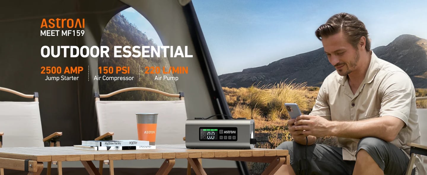 AstroAI Portable Car Jump Starter with Air Compressor 150 PSI, LCD Display for Up to 7.5L Gas & 5.0L Diesel Engine, 2500A, 12V, MF159