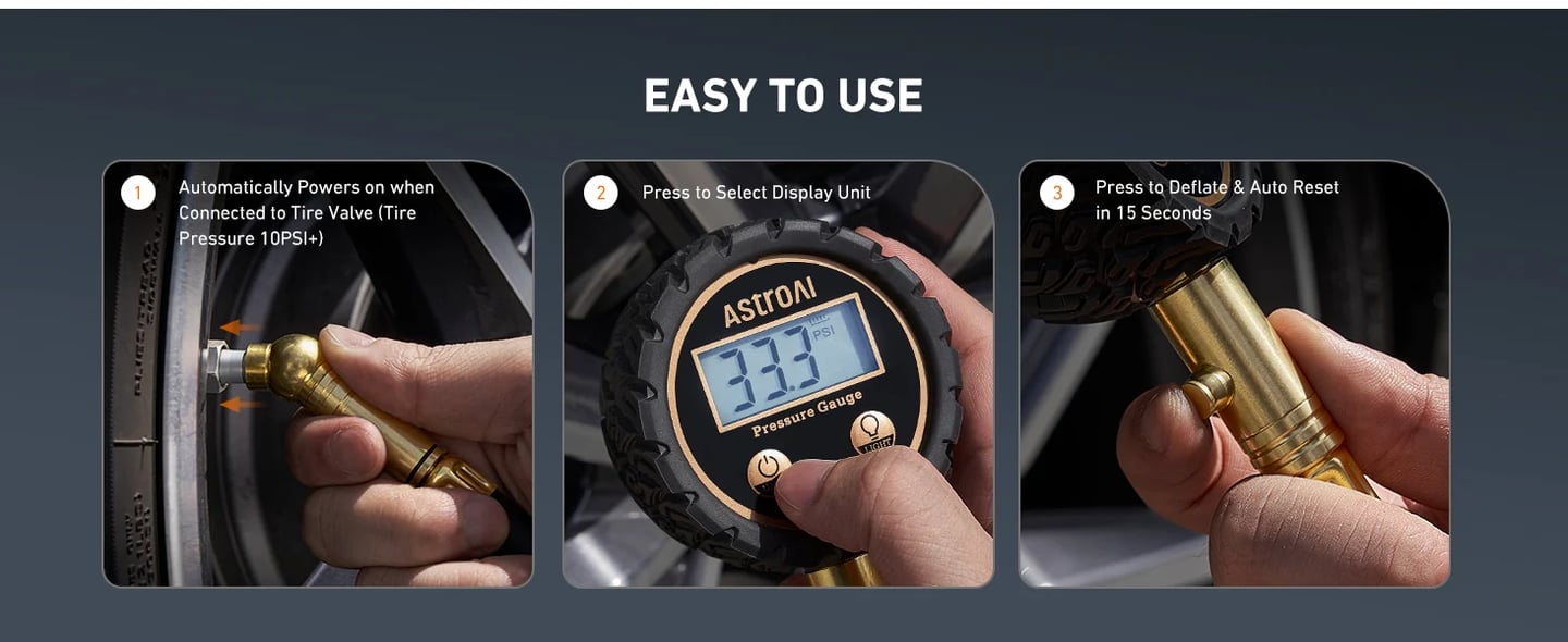 AstroAI Digital Tire Pressure Gauge 250PSI ANSI B40.7 Grade 2A (±0.5%), Tire Gauge for Tire Pressure, Solid Brass with Replaceable AAA Batteries, Rubber Hose