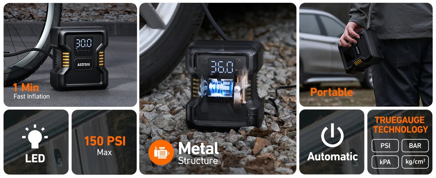 AstroAI Portable Car Air Pump - Fast Inflation, 12 Volt DC Air Compressor for Bike & Air Mattress