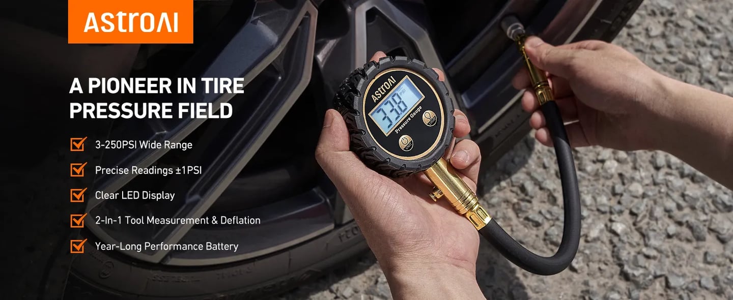 AstroAI Digital Tire Pressure Gauge 250PSI ANSI B40.7 Grade 2A (±0.5%), Tire Gauge for Tire Pressure, Solid Brass with Replaceable AAA Batteries, Rubber Hose