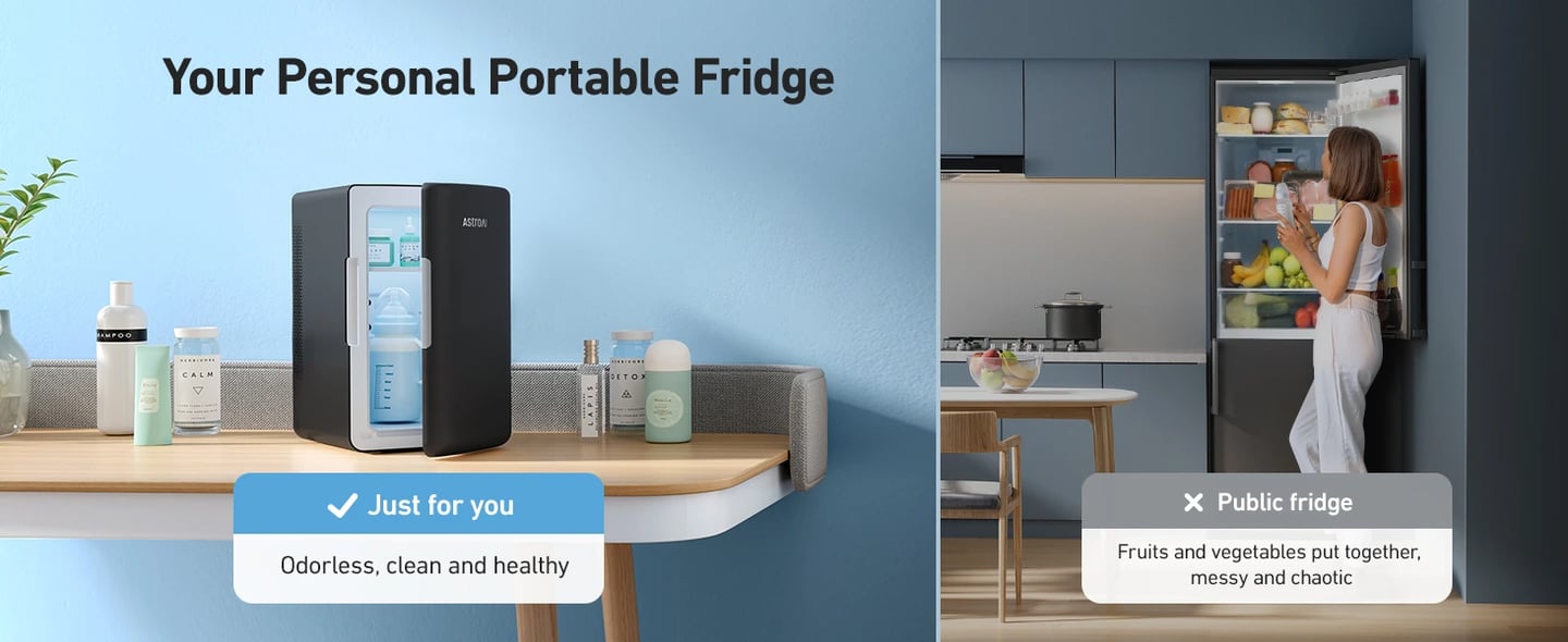 AstroAI Skincare Fridge for Makeup, Beverage, Bedroom, Office, 6 Liter/8 Cans, 110V AC/12V DC, Black