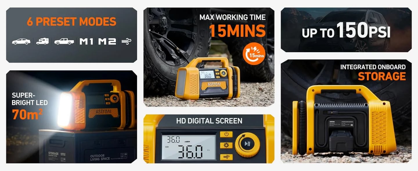 AstroAI TC3 Air Compressor Portable Tire Inflator 12V Offroad Air Compressor for Truck 150PSI with Digital Display Air Pump