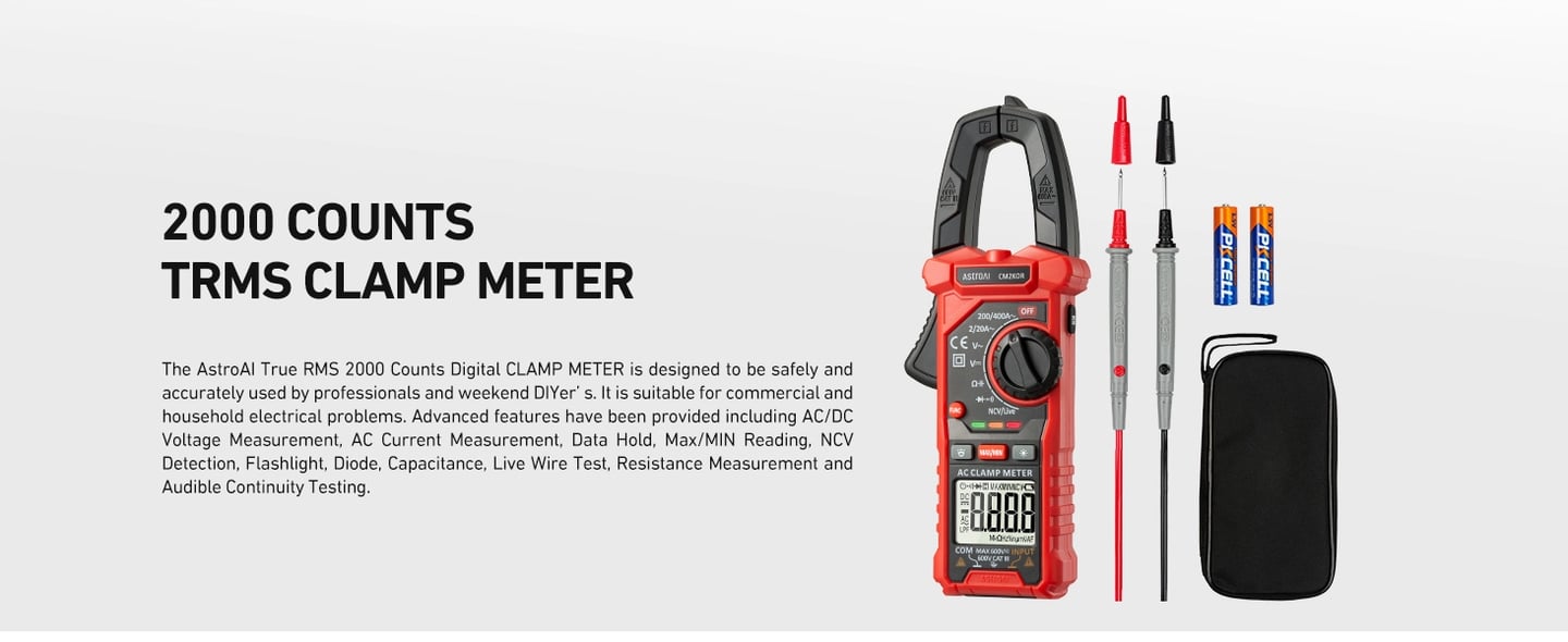 AstroAI Digital Clamp Meter Multimeter 2000 Counts Amp Voltage, Black