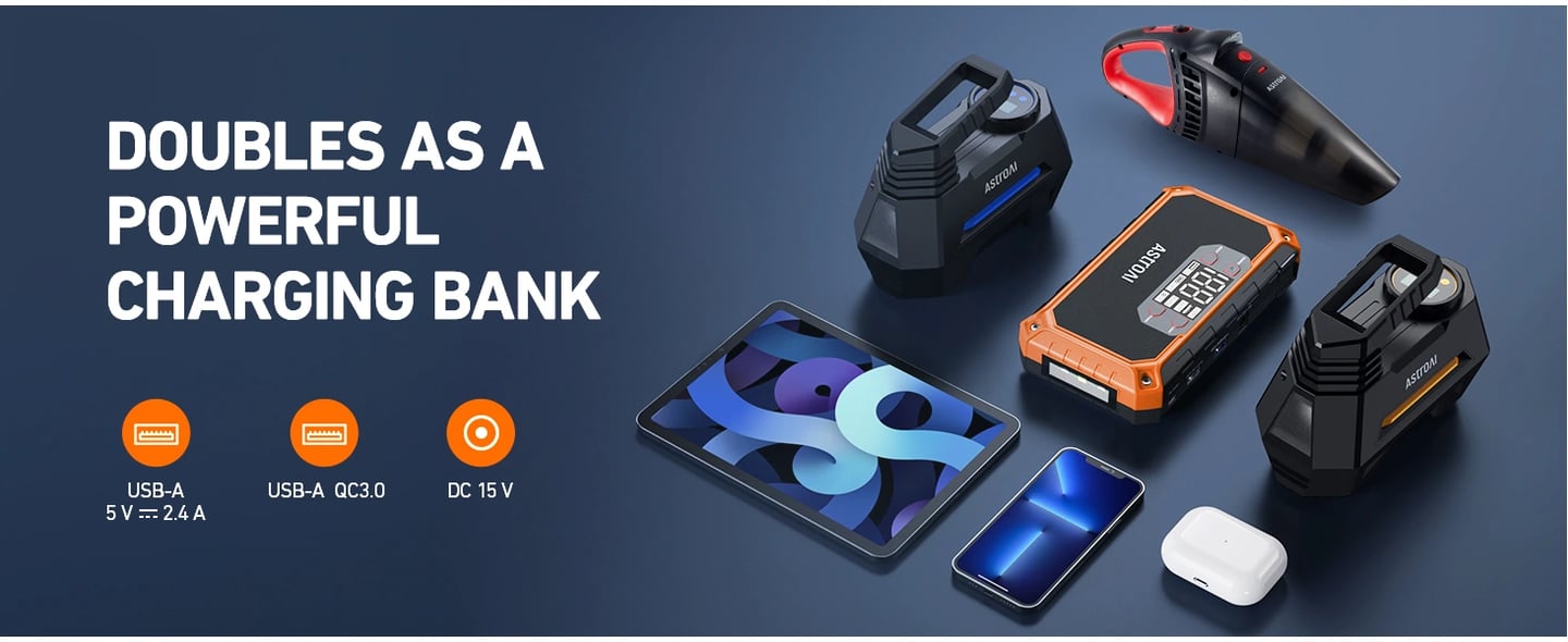 AstroAI 8-in-1 Portable Car Jump Starter with LED Screen, Quick Charge, Power Bank and Cigarette Adapter, Jumper Cable for Up to 7.0L Gas & 4.0L Diesel, 2000A, 12V