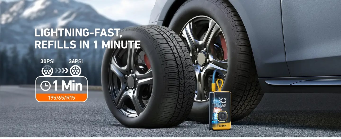 AstroAI L7 Air Tire Inflator Portable Air Compressor, 150PSI Electric Cordless Pump with Fast 1-min Inflation, Auto Shutoff, LED Light – Rechargeable for Car, SUV, Motorcycle, Bike Tires, Yellow