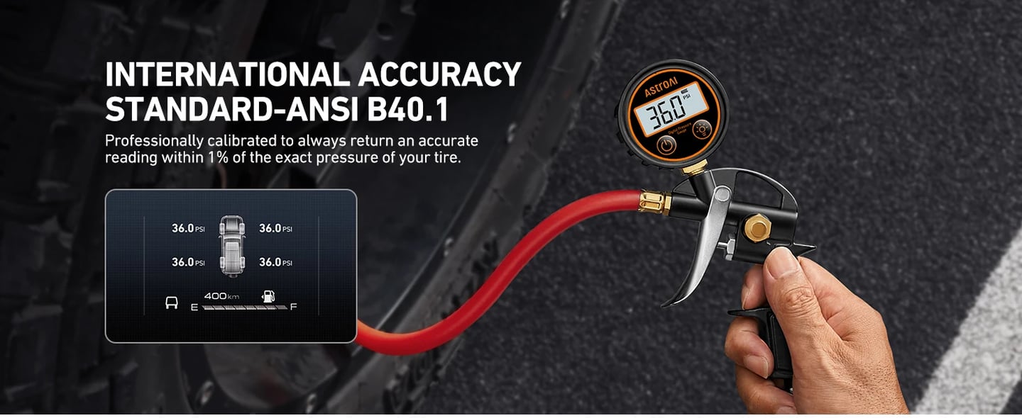AstroAI T1 Digital Tire Pressure Gauge with Inflator, 3-250 PSI Air Chuck with Pressure Gauge, Heavy Duty with Quick Connect Coupler, Calibrated to ANSI B40.7 Grade 2A