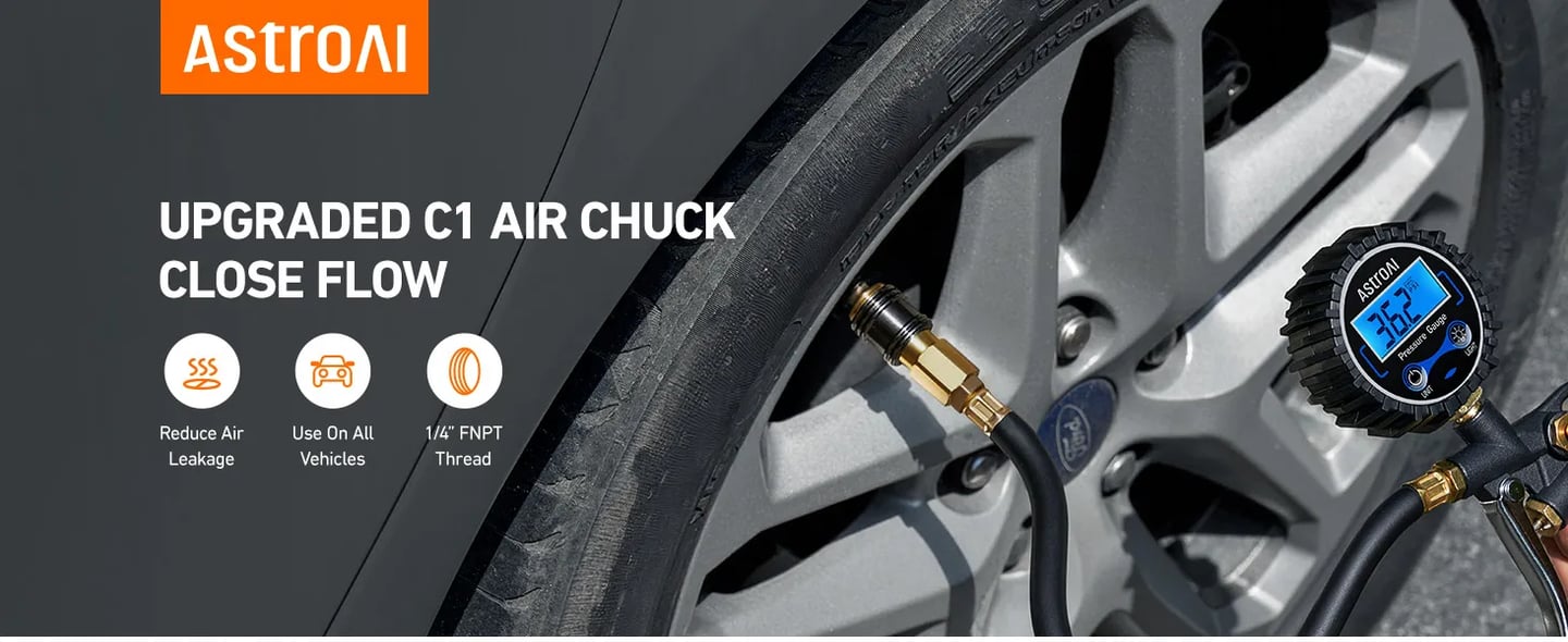 AstroAI C1 Upgraded Anti-Leak Air Chuck, 1/4 Inch FNPT Closed Flow Brass Tire Chuck, Quick Connector Lock Air Chucks for Tire Inflator Gauge and Air Compressor