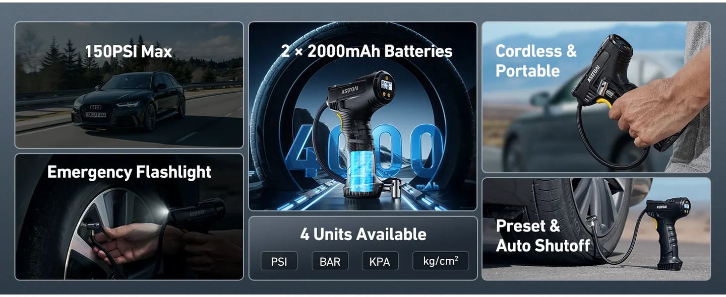 AstroAI Car Tire Inflator Air Compressor, USB Rechargeable Battery Cordless Tire Inflator, 150PSI Portable Handheld Tire Pump Digital with LED Light and 4 Adaptors for Car, Motorcycle Bike, Ball