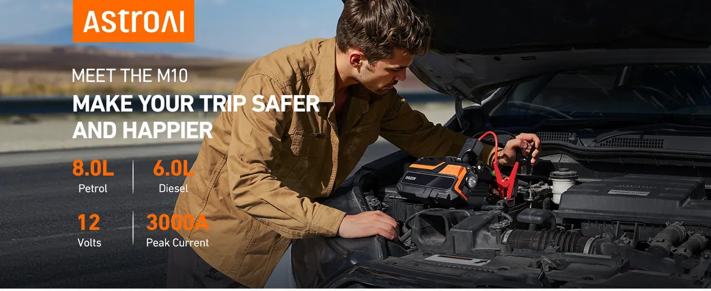 AstroAI M10 6-in-1 Portable Jump Starter with Air Compressor, 3000A Peak Current & 150PSI Car Battery Jump Starter (10L Gas/8L Diesel) with tire inflator, for 12V Cars, Motorcycles, SUVs