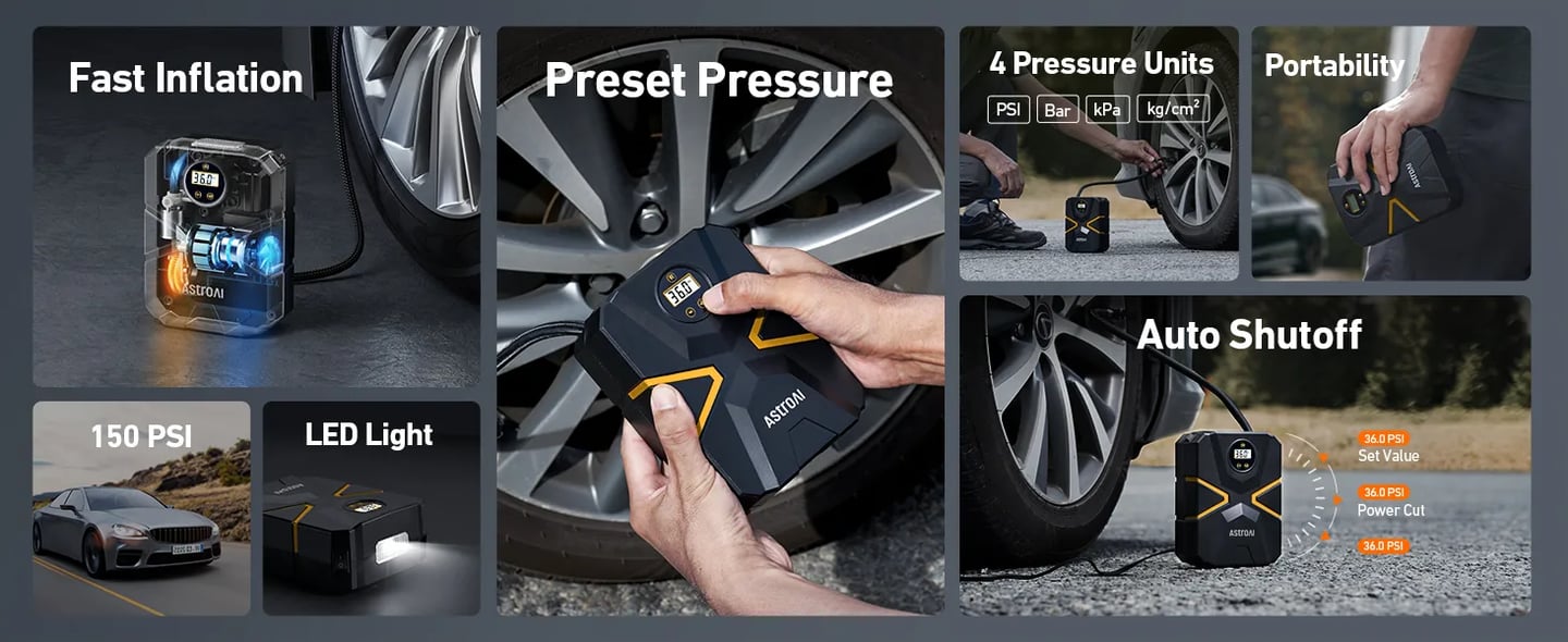 AstroAI Tyre Inflator Air Compressor 12V DC, 150 PSI (Yellow)