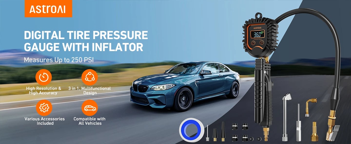 AstroAI Digital Tire Inflator with Pressure Gauge, Air Chuck and Compressor Accessories for Bicycle/Truck/SUV/Motorcycle/RV, 250 PSI, Orange