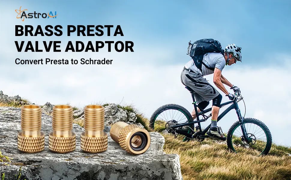 AstroAI Brass Presta Valve Adapter, Convert Presta to Schrader Valve Adaptor for Bikes, Inflate Tire by Standard Pump or Air Compressor (4 Pack)