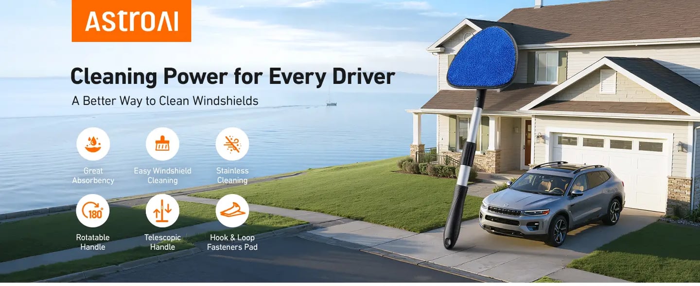 AstroAI Windshield Cleaner Tool, Car Window Cleaner with 4 Upgraded Microfiber Pads, 1 Spray Bottle, 180° Rotatable and Extendable Handle, Effortless Installation