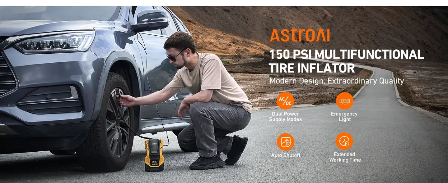 AstroAI AC/DC Mini Air Compressor with 150PSI, LED Light for Car Tires, Balls, Motorcycles, Yellow