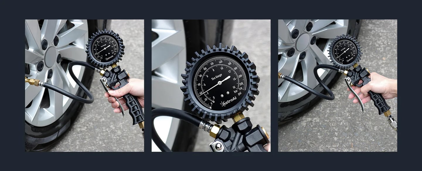 AstroAI Tire Pressure Gauge with Inflator, 230 PSI Heavy Duty with Air Chuck Compressor Accessories, 360° Rotatable Dial and Air Chuck