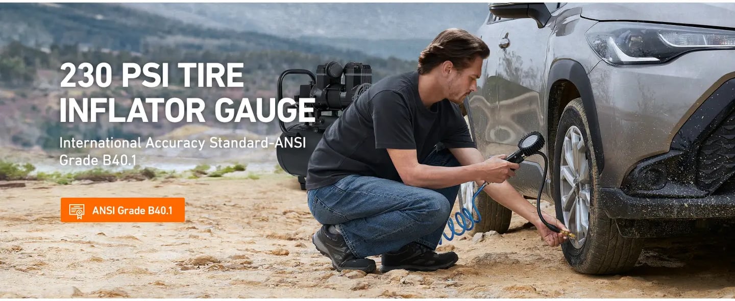 AstroAI 2024 Upgraded Tire Pressure Gauge with Inflator, 230PSI - ANSI B40.1 Accurate, Large 2.6" Easy Read Glow Dial, Extra Long Rubber Hose with 360° Air Chuck