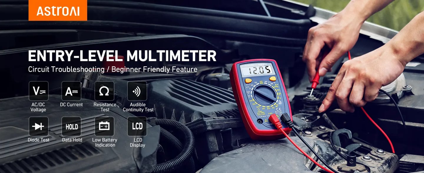 AstroAI AM33D Digital Multimeter 2000 Counts, with DC/AC Voltmeter and Ohm/Volt/Amp Meter, Measures Voltage, Current, Resistance, Tests Live Wire, Continuity