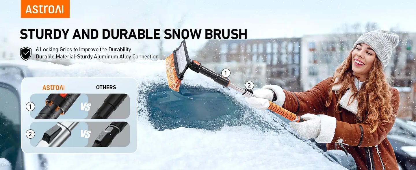 AstroAI 47.2 Inch Ice Scraper Extendable Car Snow Brush,Orange with 270 degree Pivoting Brush Head