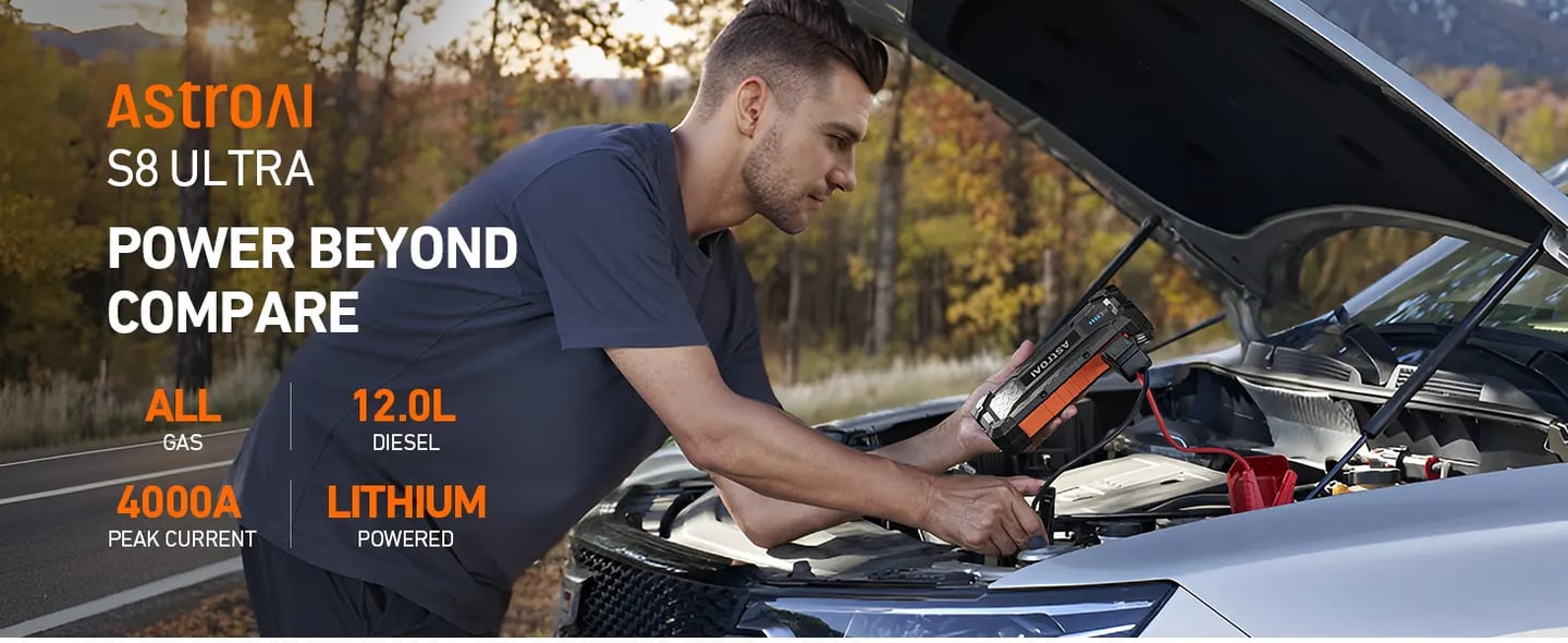 AstroAI S8 Ultra 4000A Car Jump Starter, Jump Box up to All Gas Engines & 12L Diesel, 12V Portable Power Bank with USB/Type-C Ports, 3 Modes LED Flashlight, Auto Battery Booster with Jumper Cable