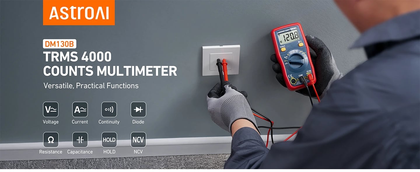 AstroAI DMM with Non-Contact Voltage Function, Measures Voltage, Current, Amp, Resistance, Capacitance and 1.5V/9V/12V Battery, Model DM130B