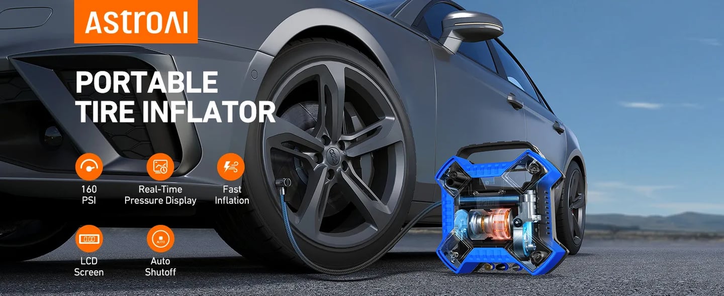 AstroAI Air Compressor for Car, 12V DC Integrated Metal Structure with LED Light for Cars, Bicycles, Motorcycles, and Other Inflatables (160PSI, Blue)