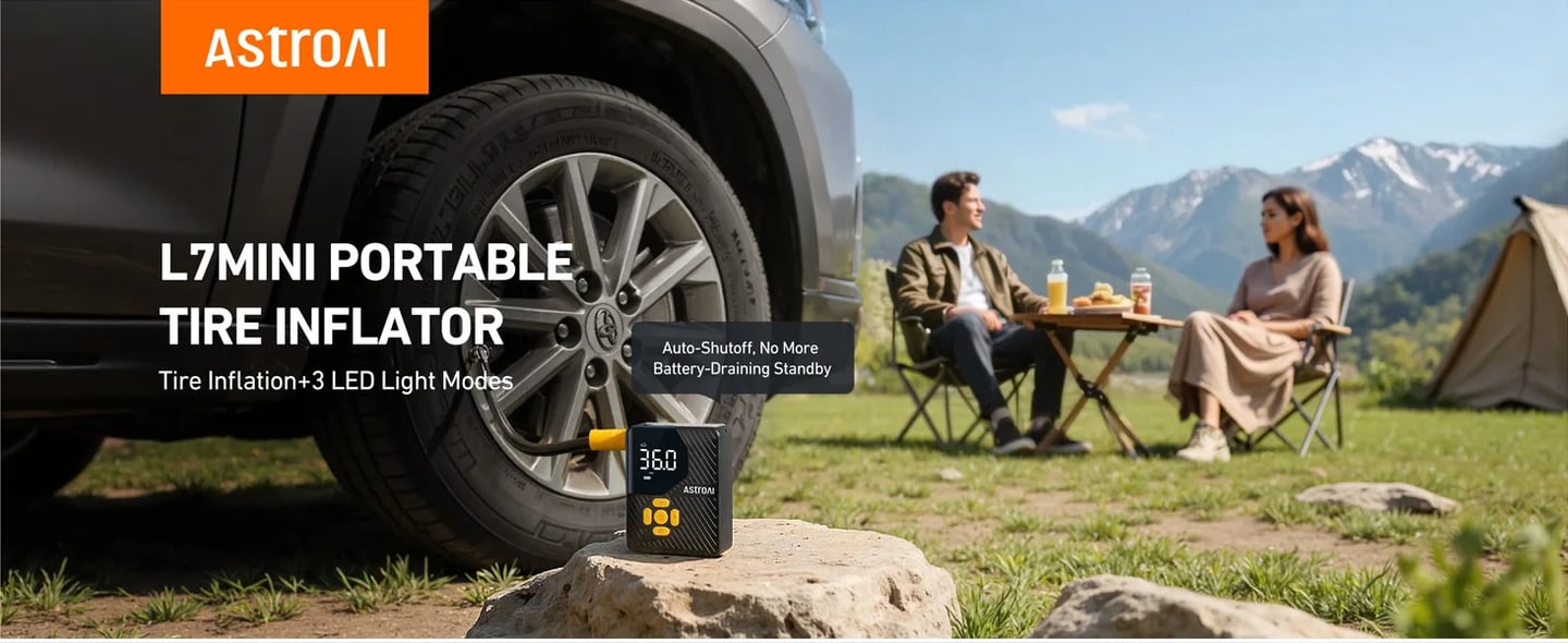 AstroAI L7 Mini Tire Inflator - 150PSI Cordless Air Pump, Auto Shut-Off, LED Light (Yellow)