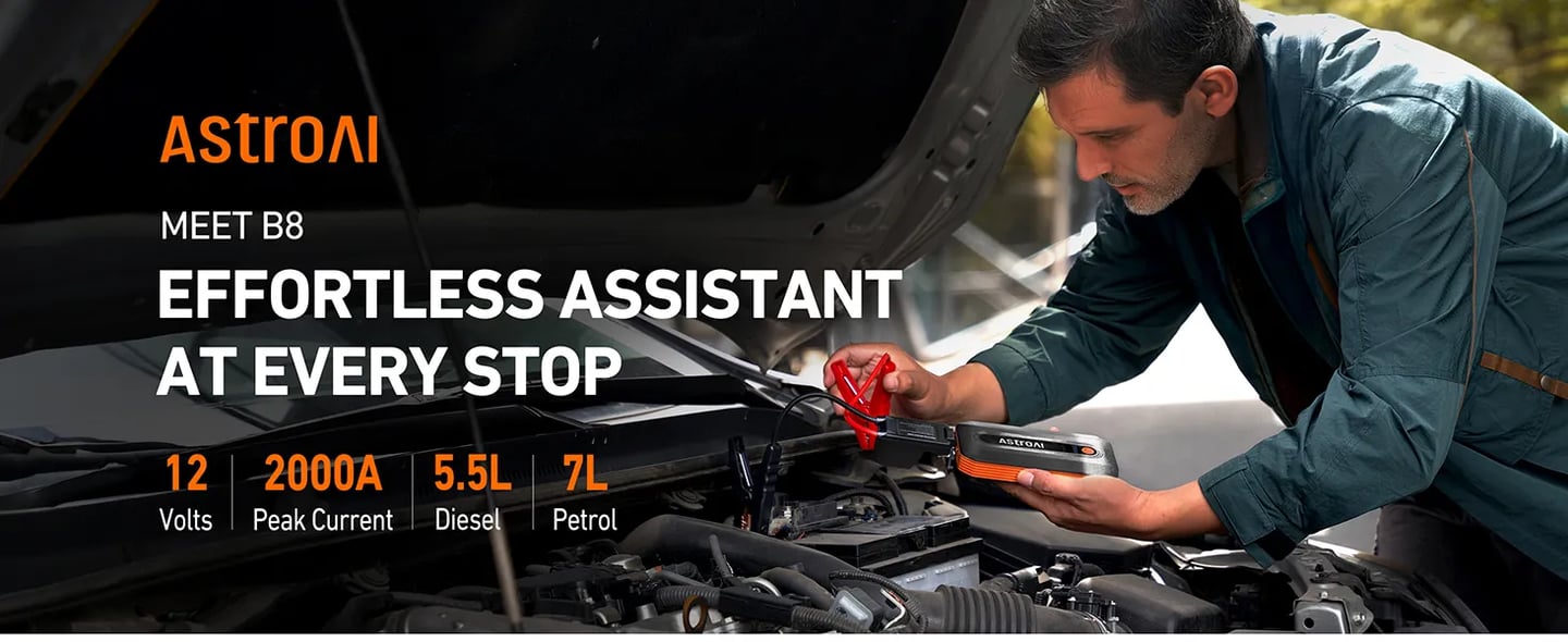 AstroAI B8 Jump Starter Power Pack for 12V Vehicles (7.0L Petrol / 5.5L Diesel) and Motorcycles, Car Battery Booster Jump Starter Power Bank, Includes LED Light & Full Accessories, Orange