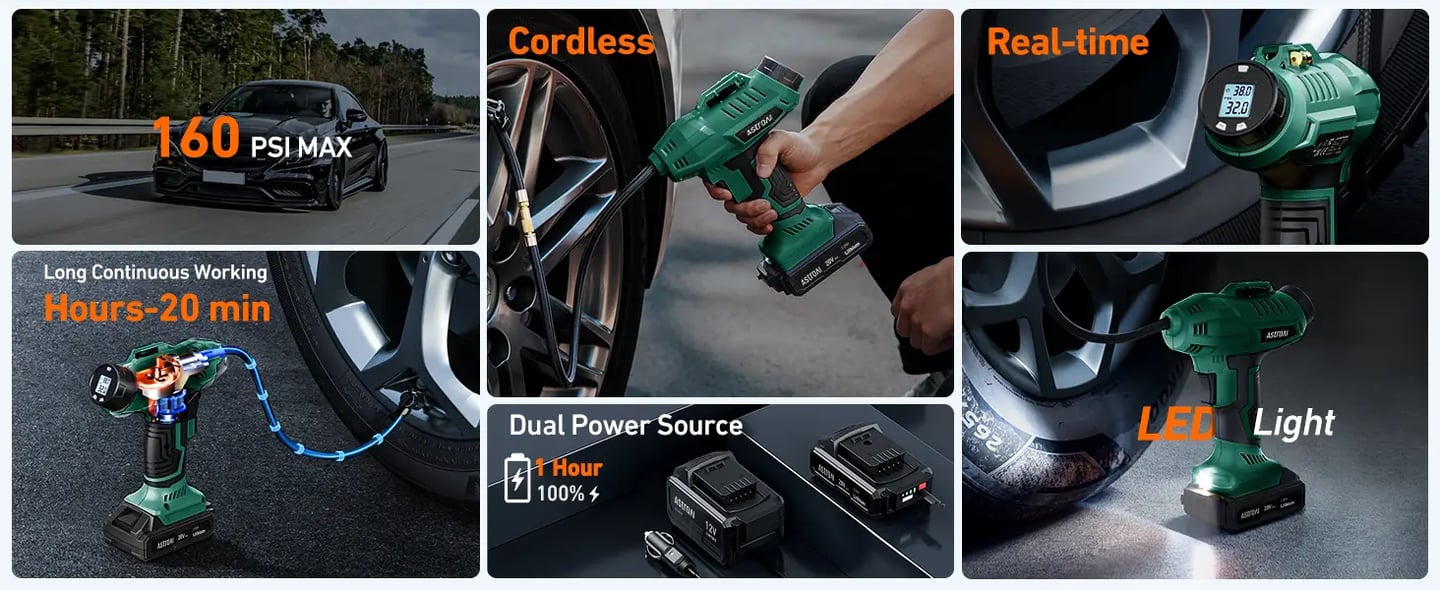 AstroAI 20V Rechargeable Battery Powered Air Compressor with 12V Car Power Adapter & Digital Pressure Gauge for Cars, Motorcycles, 160PSI, Green