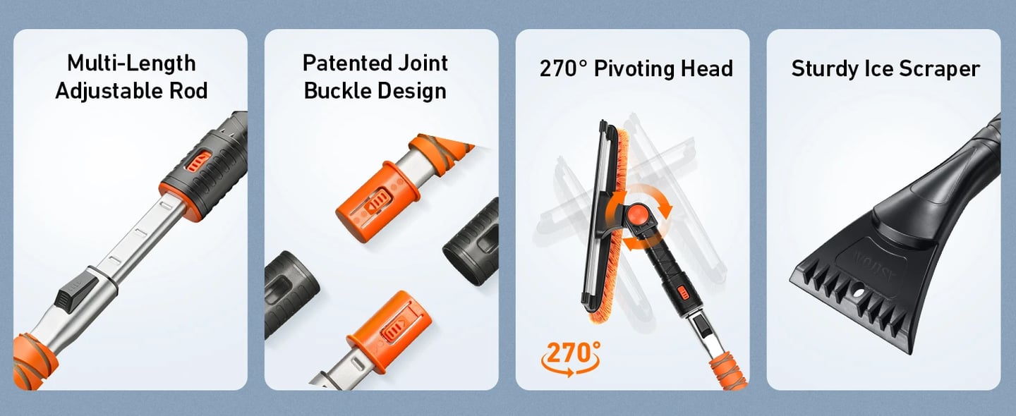 AstroAI 47.2 Inch Ice Scraper Extendable Car Snow Brush,Orange with 270 degree Pivoting Brush Head