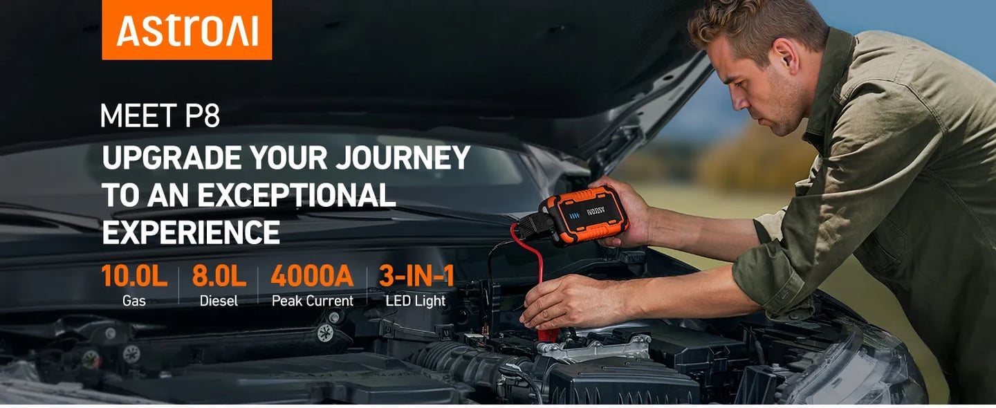 AstroAI P8 Booster Pack Jump Starter 4000A, Car Battery Booster Jump Starter for Up to 10L Gas or 8L Diesel Engine, 12V Jumper Box for Cars, with Jumper Cable, 3 in 1 LED Light, 2 USB Output, Orange