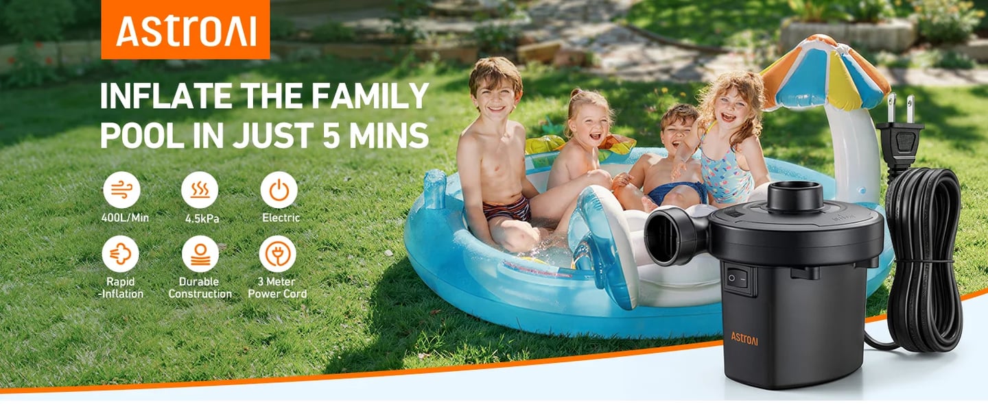 AstroAI Portable Air Pump for Inflator/Deflator - 110V AC/12V DC Air Mattress Pump, Electric Air Pump with 3 Nozzles, Suitable for Outdoor Camping Air Bed, Pool Toys, Swimming Ring