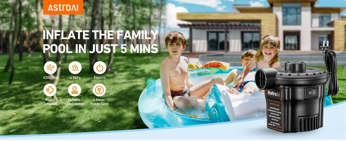 AstroAI Air Mattress Pump with 3 Nozzles for Inflatables, Pool, Balls (AC)