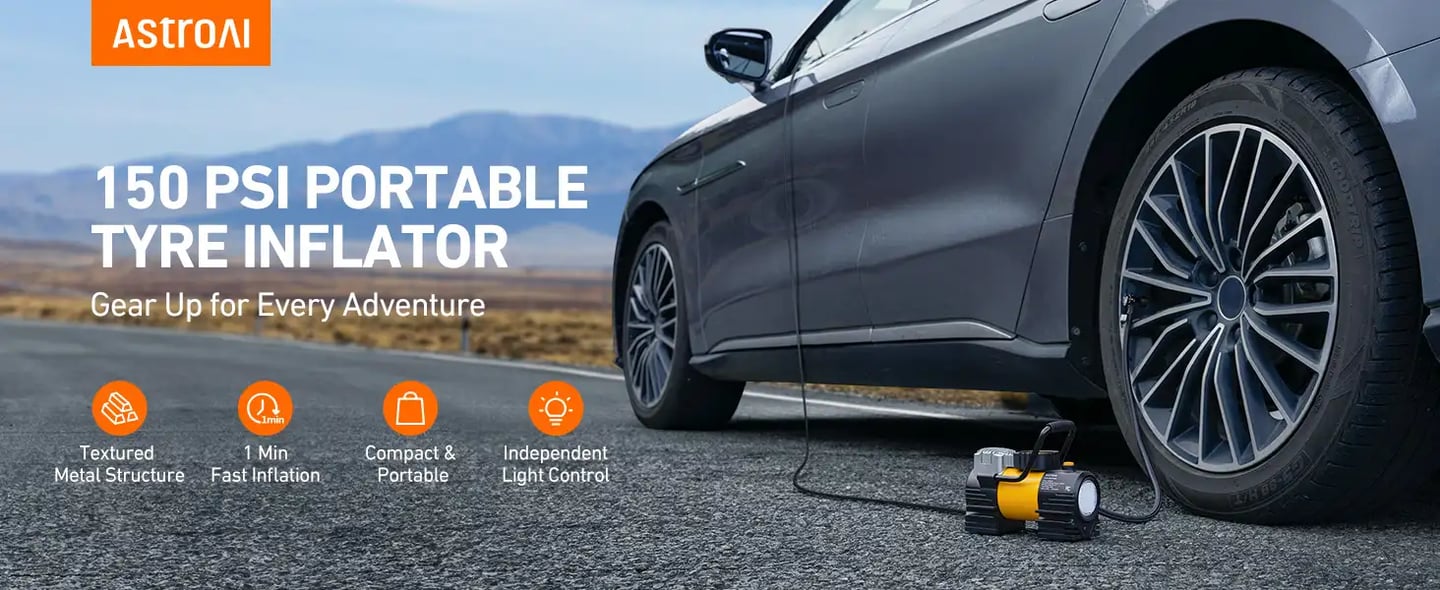 AstroAI Z1 Tyre Inflator Portable Air Compressor DC 12V, Fast Inflation Digital Car Tyre Pump for Compact SUV