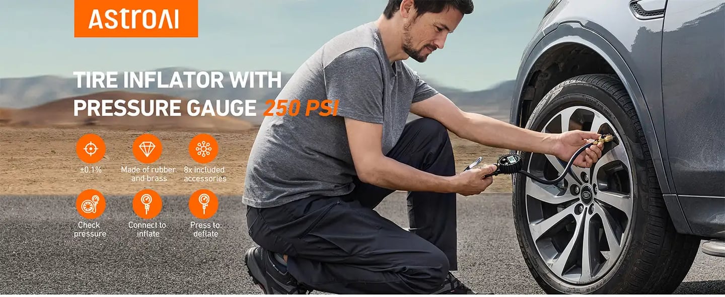 AstroAI Digital Tire Inflator with Pressure Gauge with Heavy Duty Air Chuck, Rubber Hose and Quick Connect Coupler, 250 PSI, Model ATG250​