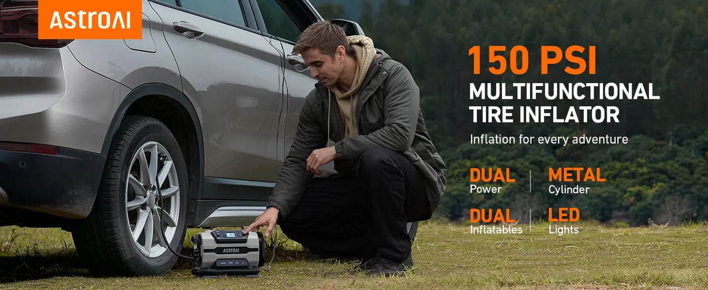 AstroAI 150 PSI Auto Tire Inflator​ with Dual Metal Motors & LED Light, Two Modes for Car, Bicycle Tires, and Air Mattresses, 12V DC/110V AC, Gray